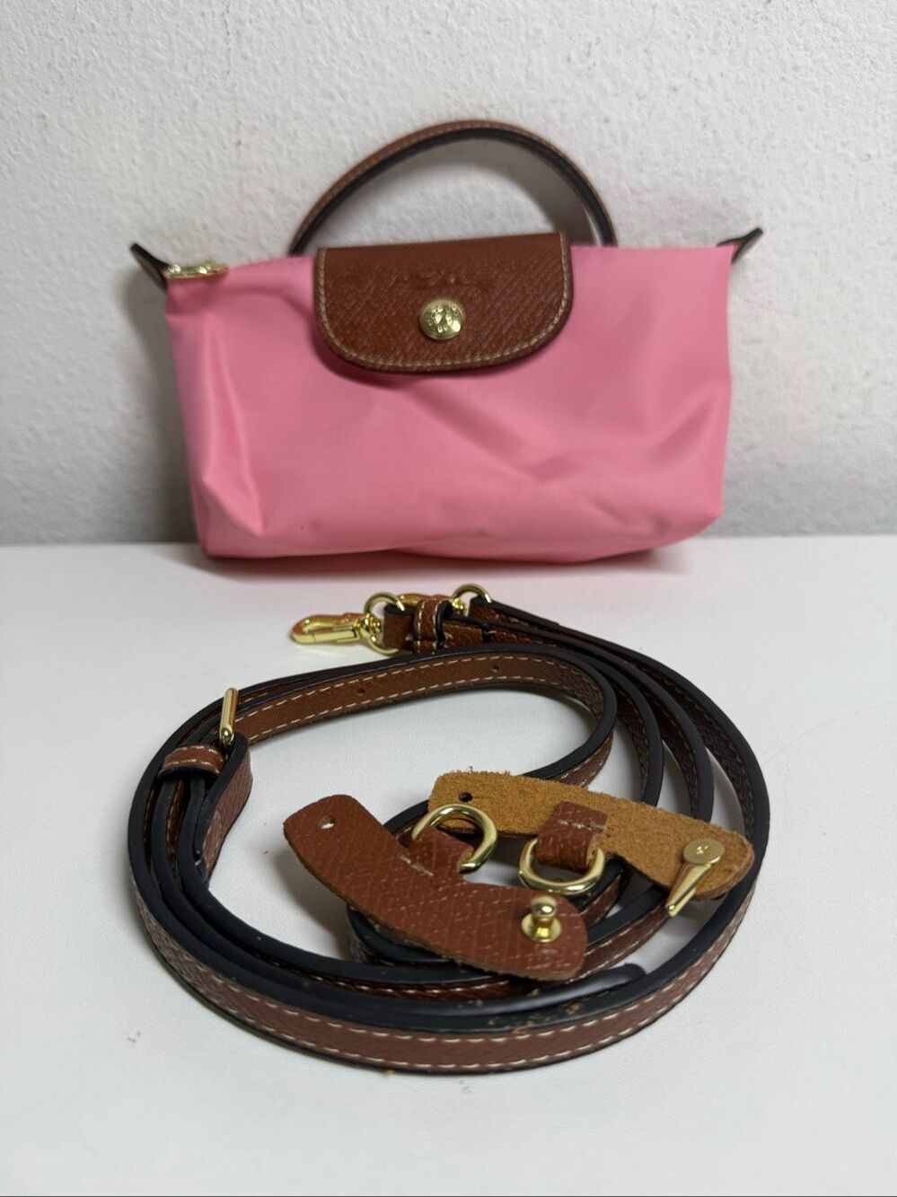 Longchamp Mini Le Pliage Nylon Guimauve Blush Pink Brown Top Handle Bag + Strap - Picture 12 of 14